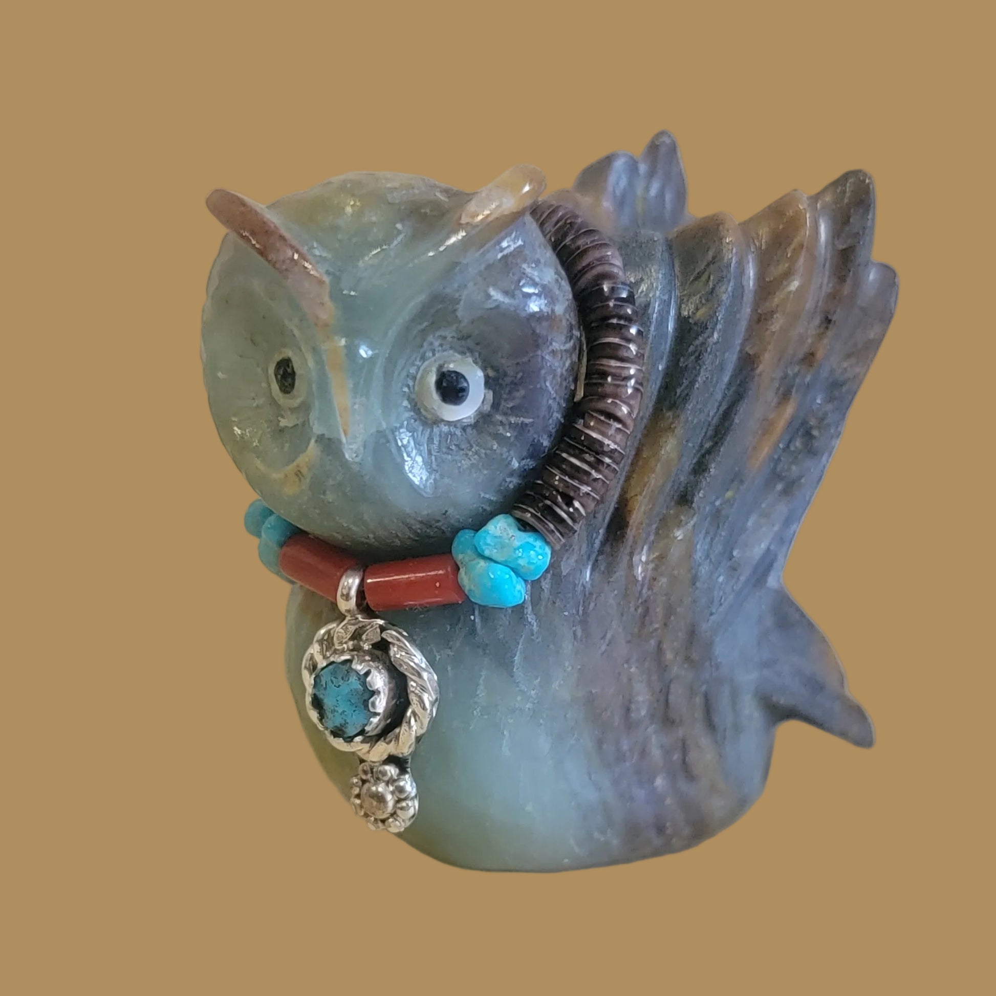 Beautiful and Colorful Fluorite Zuni Fetish Owl w/ Sterling and Turquoise Bling
