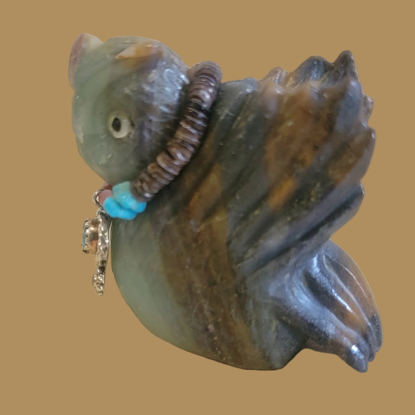 Beautiful and Colorful Fluorite Zuni Fetish Owl w/ Sterling and Turquoise Bling