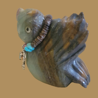Beautiful and Colorful Fluorite Zuni Fetish Owl w/ Sterling and Turquoise Bling