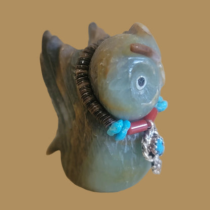 Beautiful and Colorful Fluorite Zuni Fetish Owl w/ Sterling and Turquoise Bling