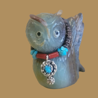 Beautiful and Colorful Fluorite Zuni Fetish Owl w/ Sterling and Turquoise Bling