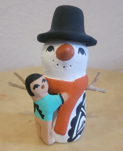Snowman w/One Child Jemez Pueblo Pottery Storyteller