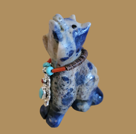 Sodalite Howling Coyote w/Sterling Bear Necklace Zuni Fetish