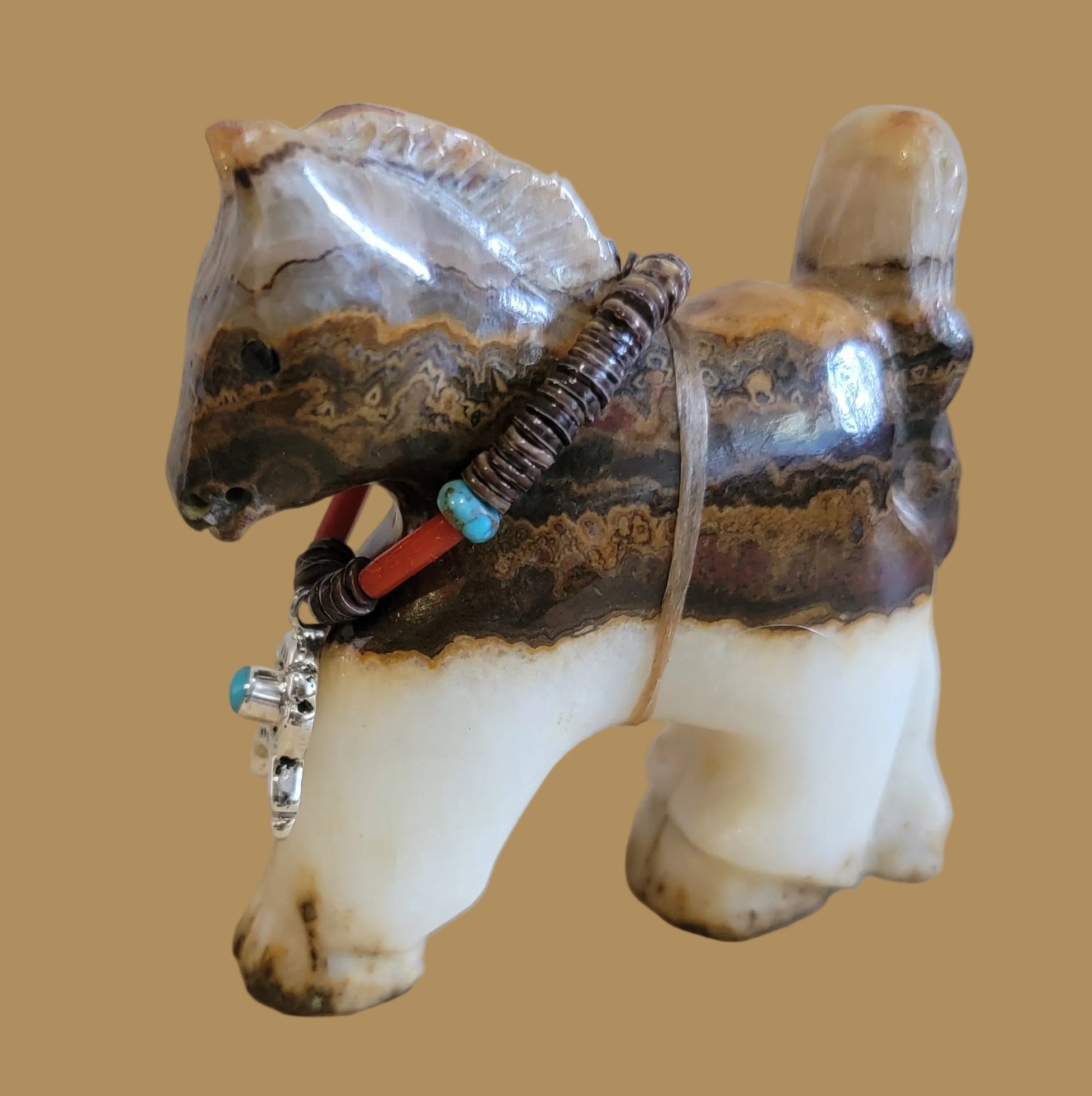 Healing Onyx Horse w/ Lucky Sterling and Turquoise  Horseshoe Necklace  Zuni Fetish