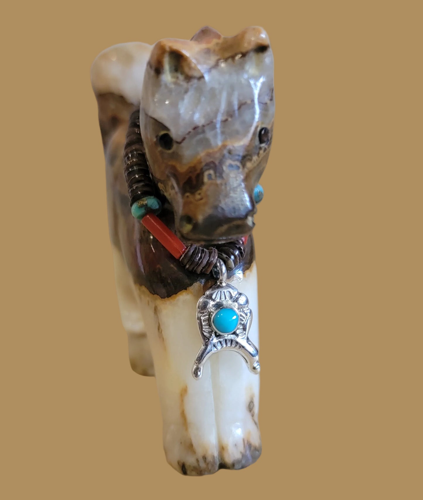 Healing Onyx Horse w/ Lucky Sterling and Turquoise  Horseshoe Necklace  Zuni Fetish