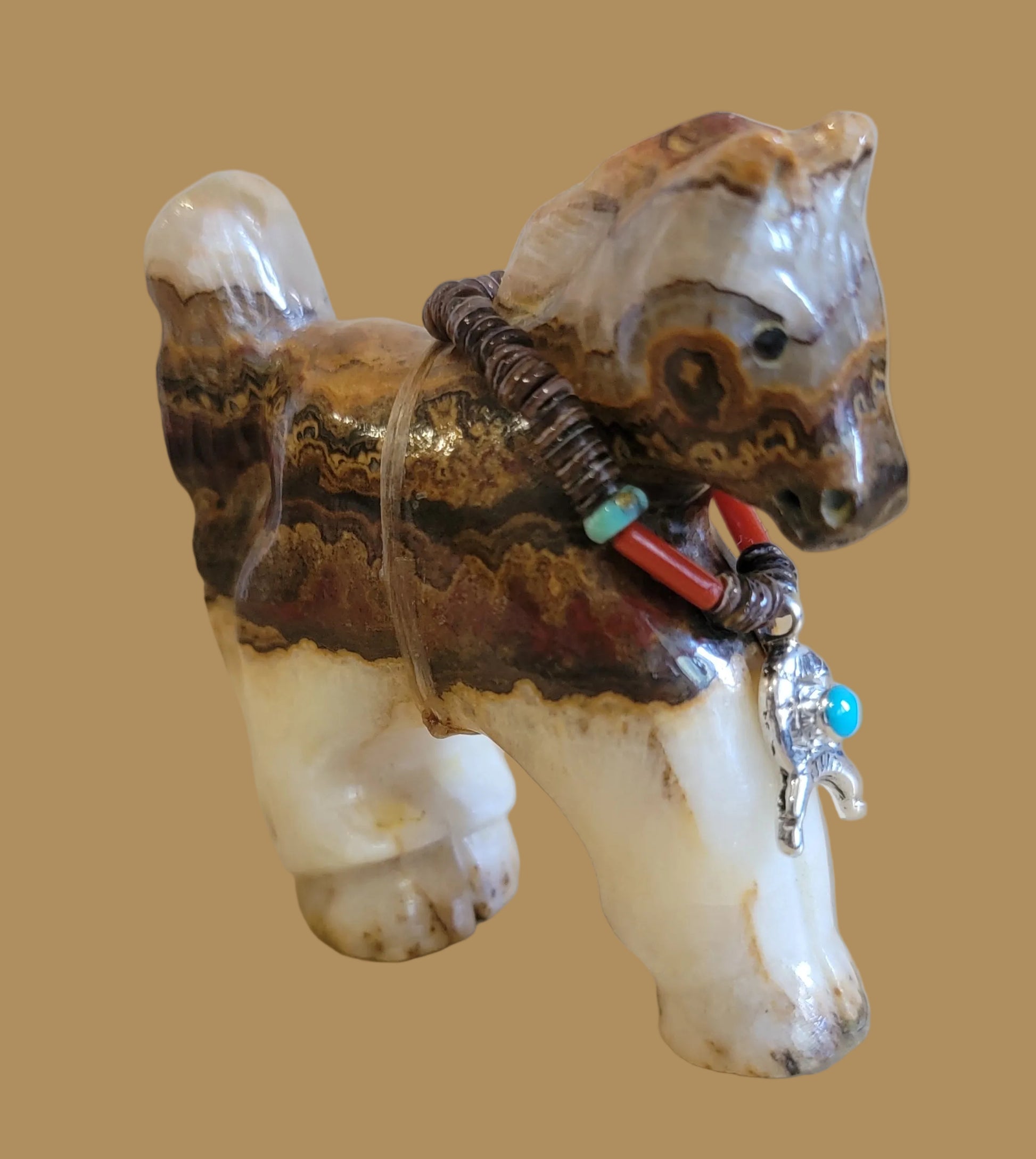 Healing Onyx Horse w/ Lucky Sterling and Turquoise  Horseshoe Necklace  Zuni Fetish
