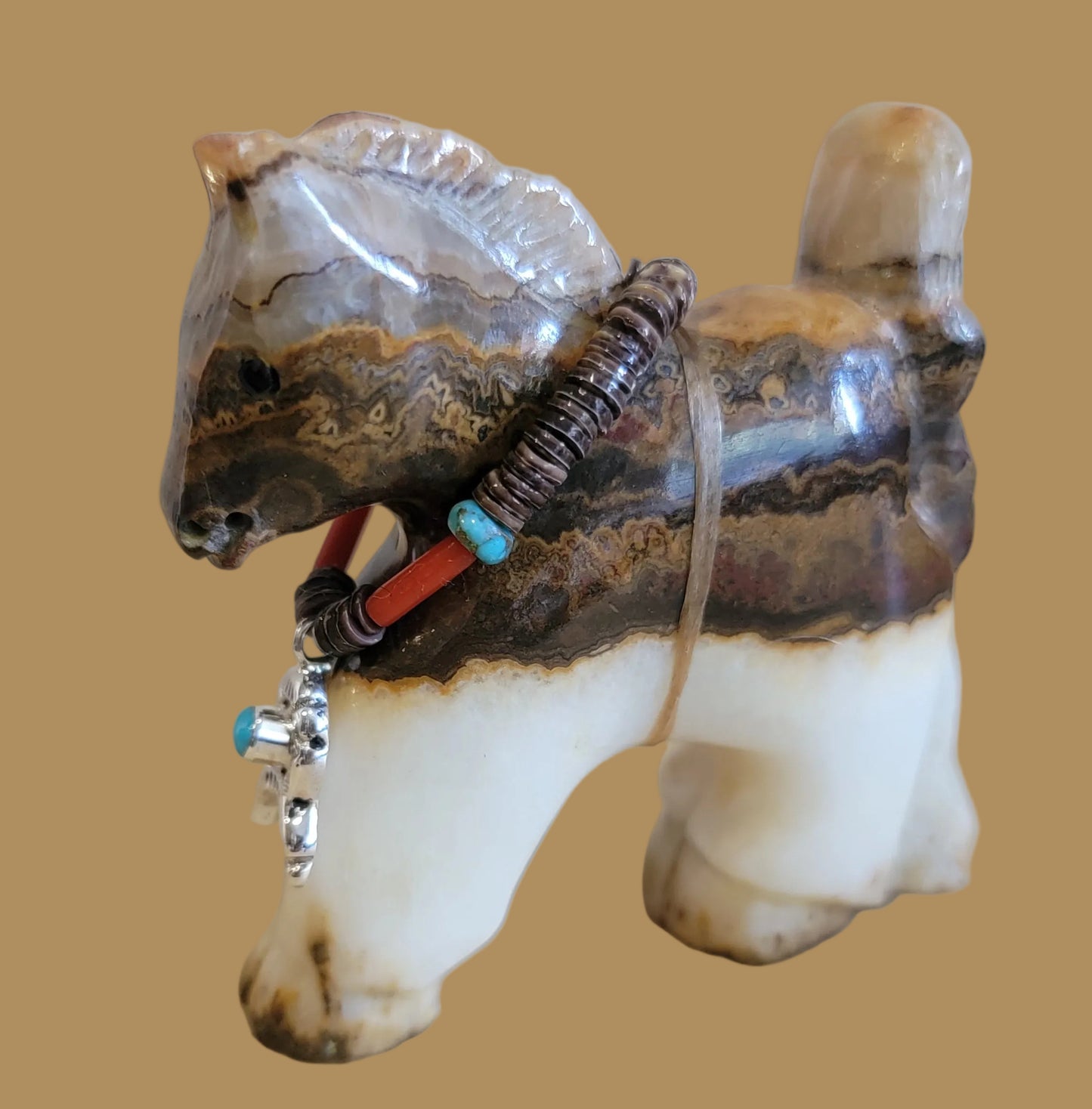 Healing Onyx Horse w/ Lucky Sterling and Turquoise  Horseshoe Necklace  Zuni Fetish
