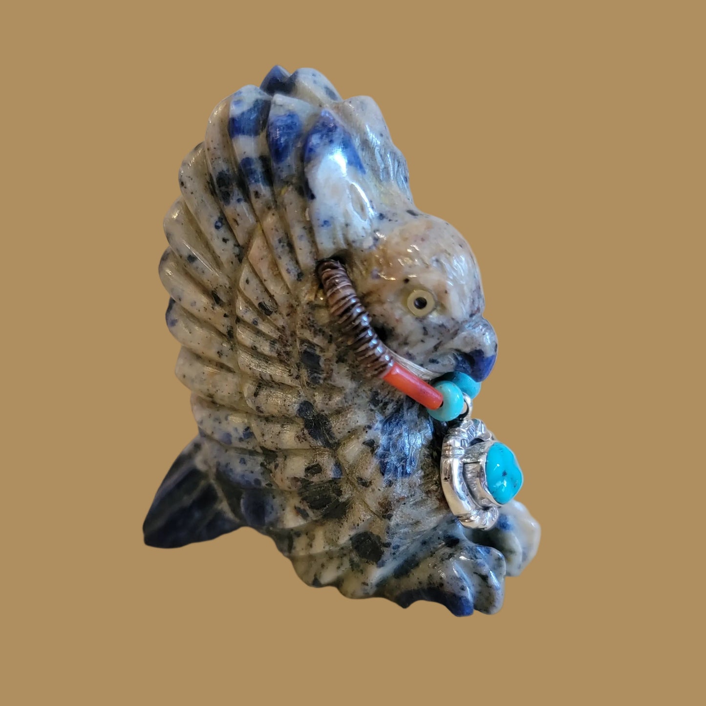 Sodalite Hawk with Sterling Silver Pendant and Beautiful Hawk Eyes Zuni Fetish