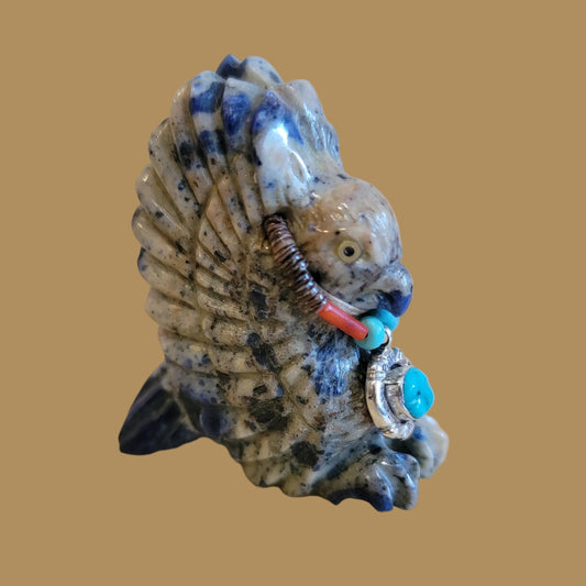 Sodalite Hawk with Sterling Silver Pendant and Beautiful Hawk Eyes Zuni Fetish