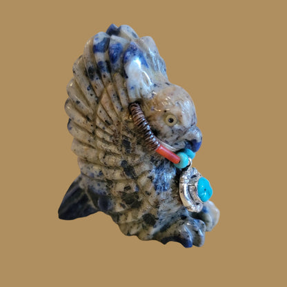 Sodalite Hawk with Sterling Silver Pendant and Beautiful Hawk Eyes Zuni Fetish