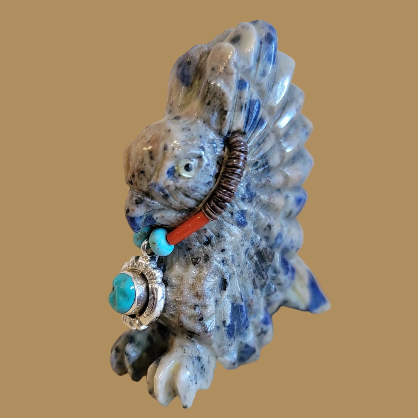Sodalite Hawk with Sterling Silver Pendant and Beautiful Hawk Eyes Zuni Fetish