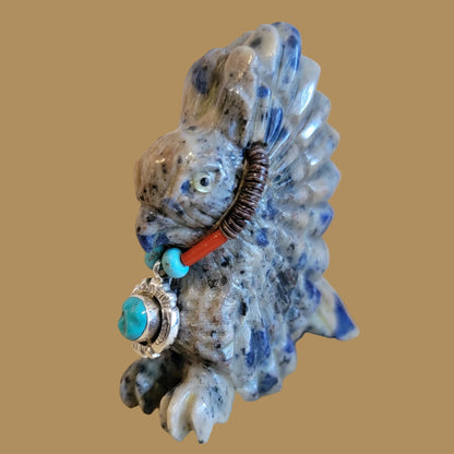 Sodalite Hawk with Sterling Silver Pendant and Beautiful Hawk Eyes Zuni Fetish