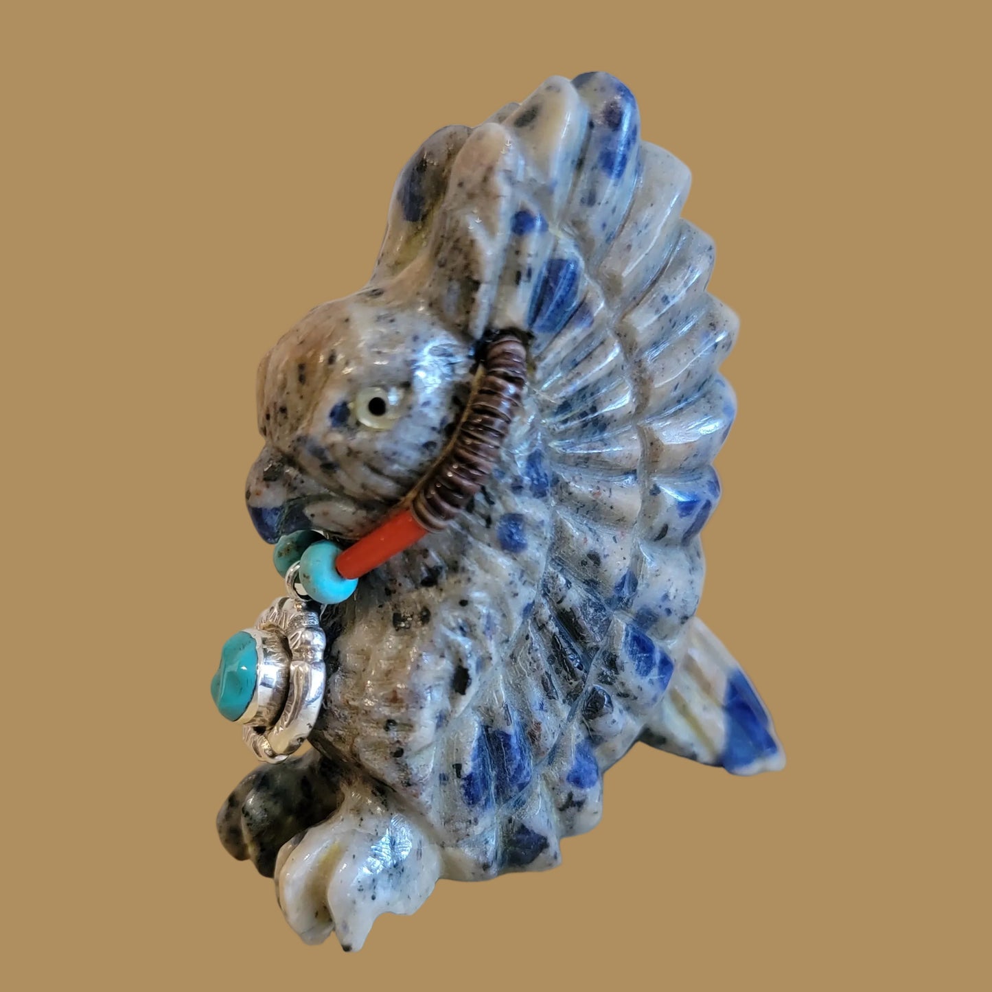 Sodalite Hawk with Sterling Silver Pendant and Beautiful Hawk Eyes Zuni Fetish