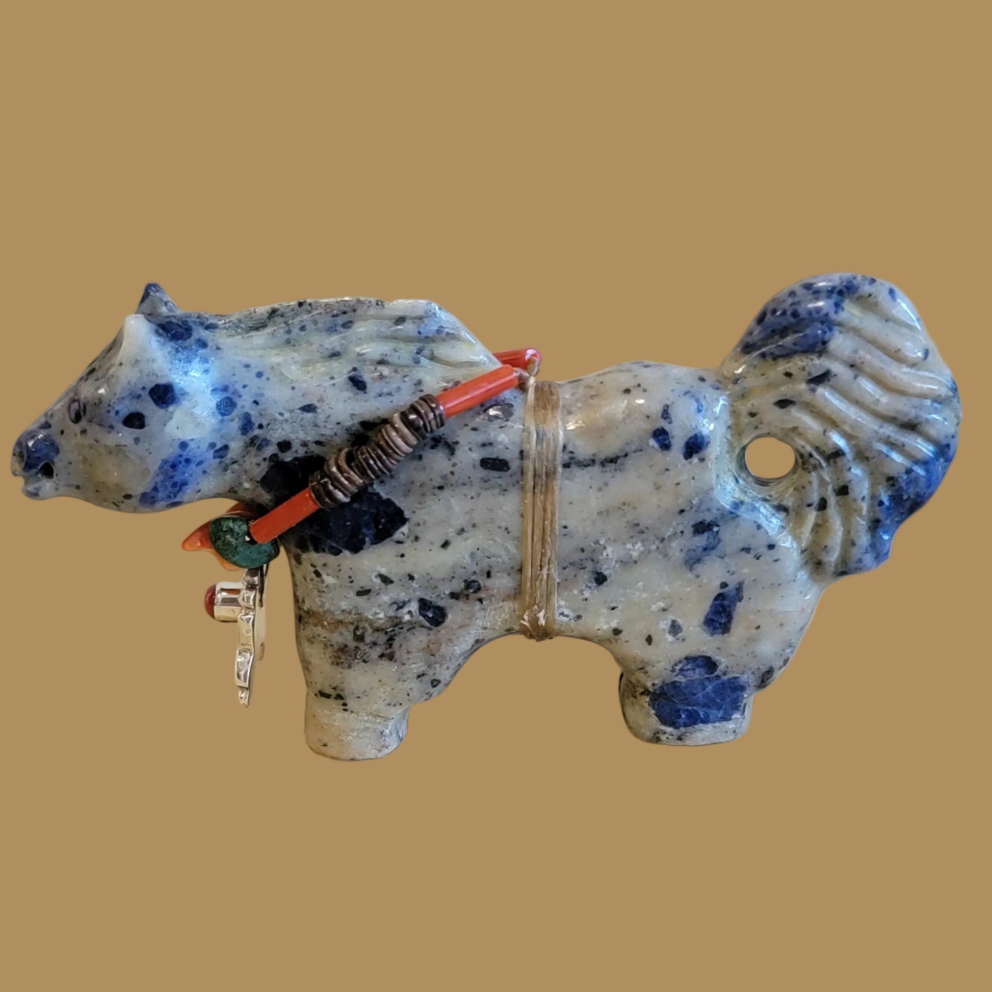 Sodalite Healing Horse on the Run w/ Sterling Horseshoe and Coral Pendant Zuni Fetish