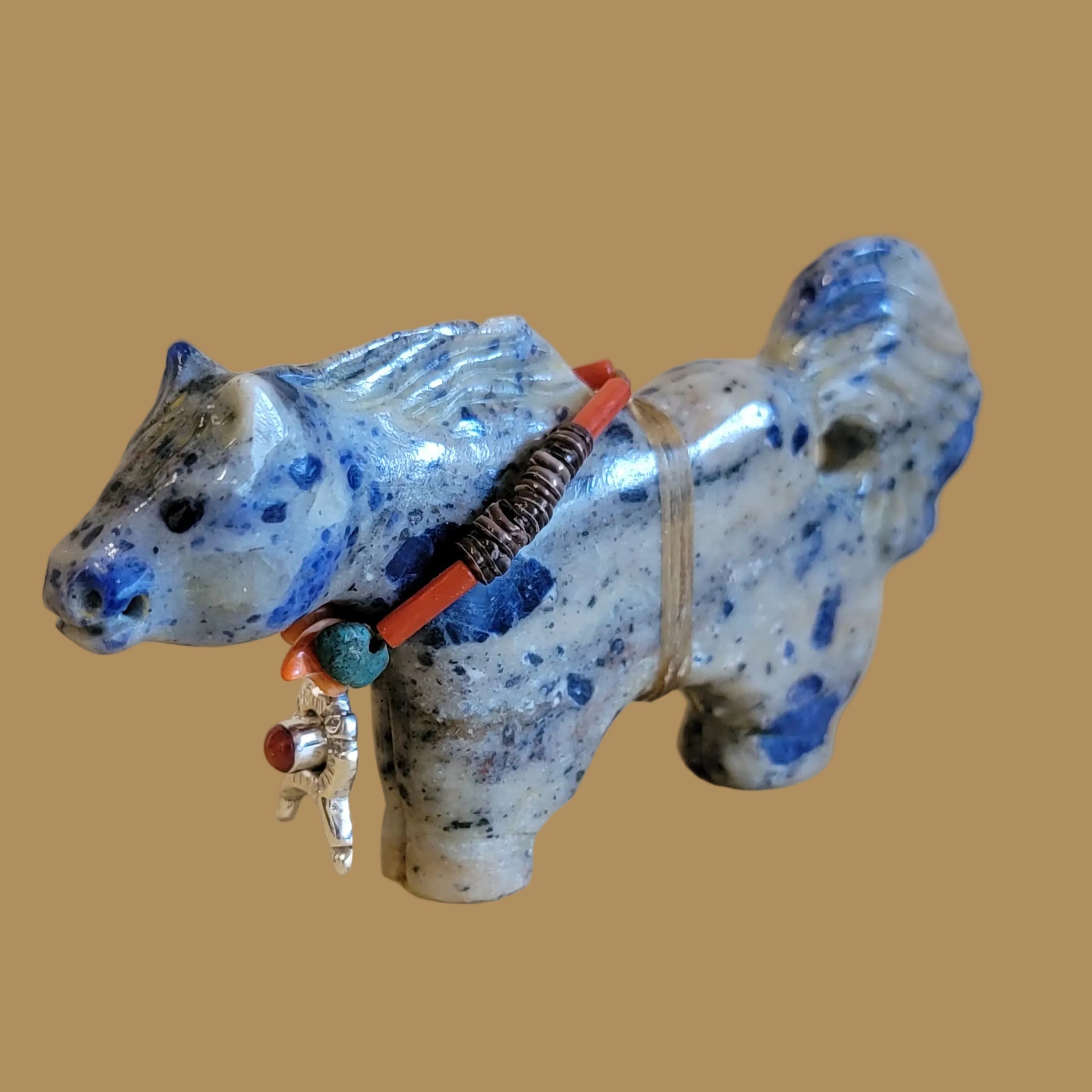 Sodalite Healing Horse on the Run w/ Sterling Horseshoe and Coral Pendant Zuni Fetish