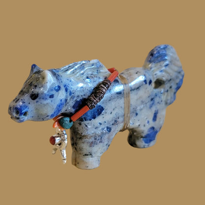 Sodalite Healing Horse on the Run w/ Sterling Horseshoe and Coral Pendant Zuni Fetish