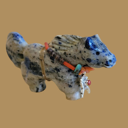 Sodalite Healing Horse on the Run w/ Sterling Horseshoe and Coral Pendant Zuni Fetish