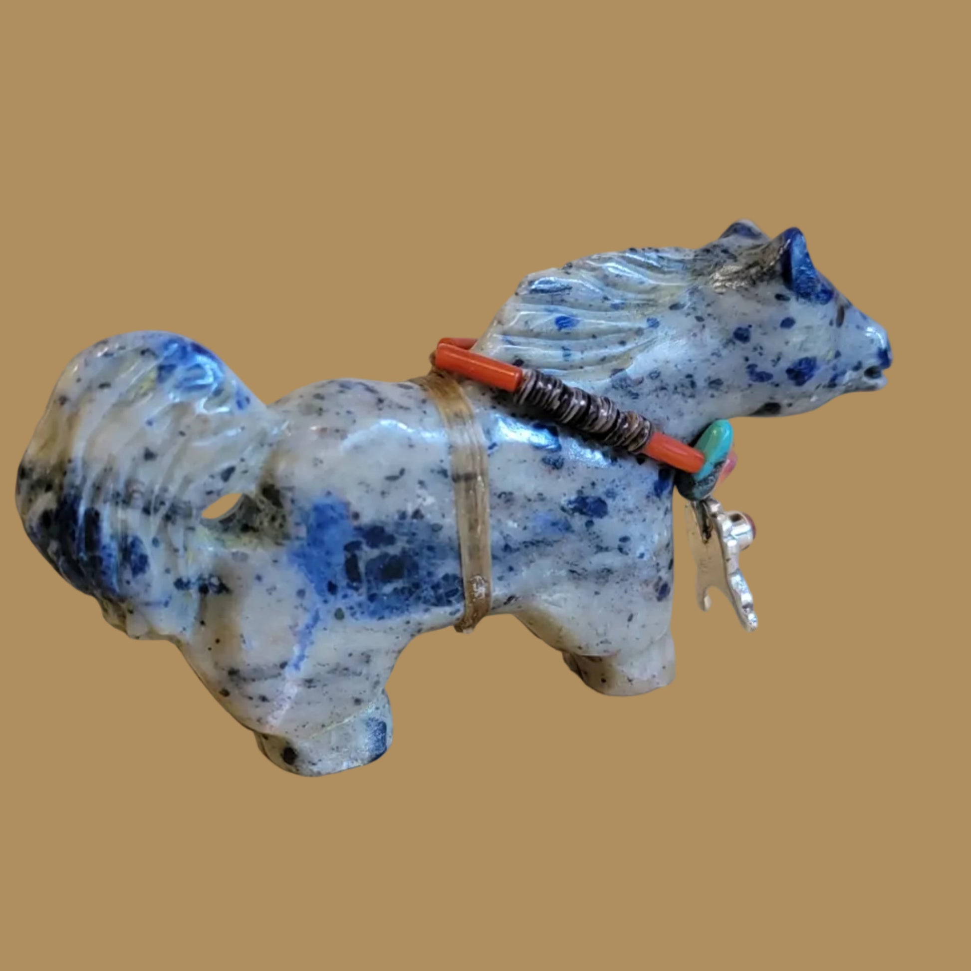 Sodalite Healing Horse on the Run w/ Sterling Horseshoe and Coral Pendant Zuni Fetish