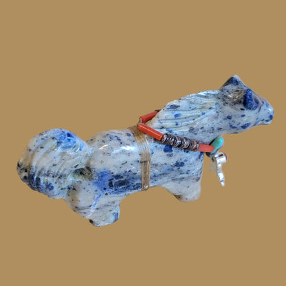 Sodalite Healing Horse on the Run w/ Sterling Horseshoe and Coral Pendant Zuni Fetish