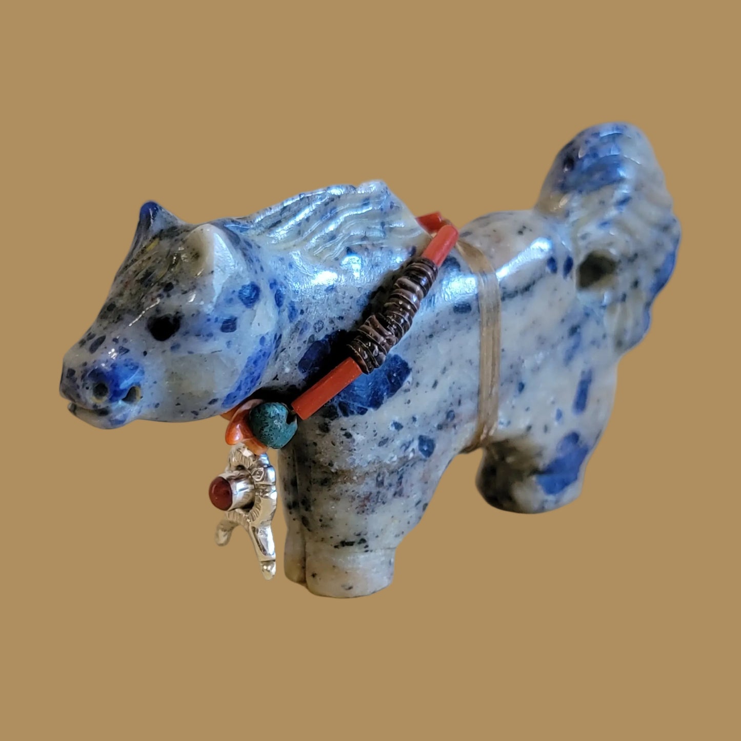 Sodalite Healing Horse on the Run w/ Sterling Horseshoe and Coral Pendant Zuni Fetish