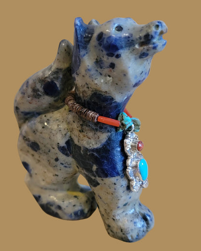 Howling Sodalite Coyote W/ Sterling Bear Necklace Zuni Fetish