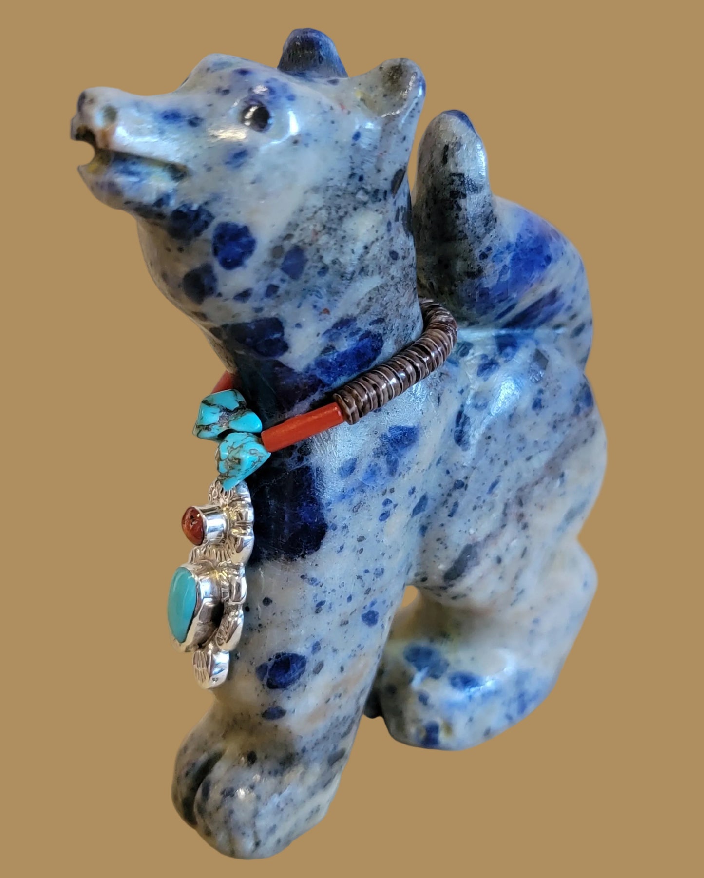 Howling Sodalite Coyote W/ Sterling Bear Necklace Zuni Fetish