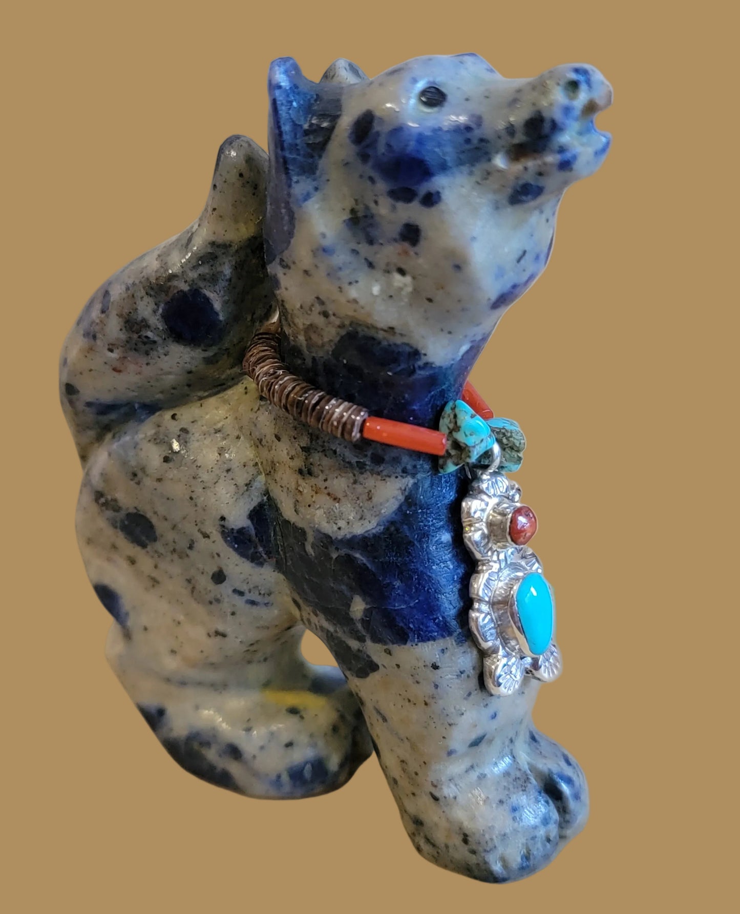 Howling Sodalite Coyote W/ Sterling Bear Necklace Zuni Fetish