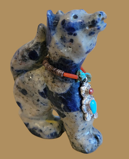 Howling Sodalite Coyote W/ Sterling Bear Necklace Zuni Fetish