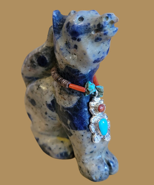 Howling Sodalite Coyote W/ Sterling Bear Necklace Zuni Fetish