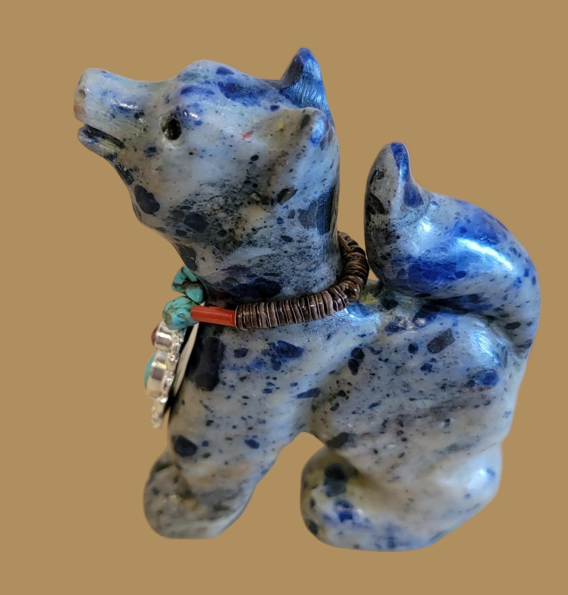 Howling Sodalite Coyote W/ Sterling Bear Necklace Zuni Fetish