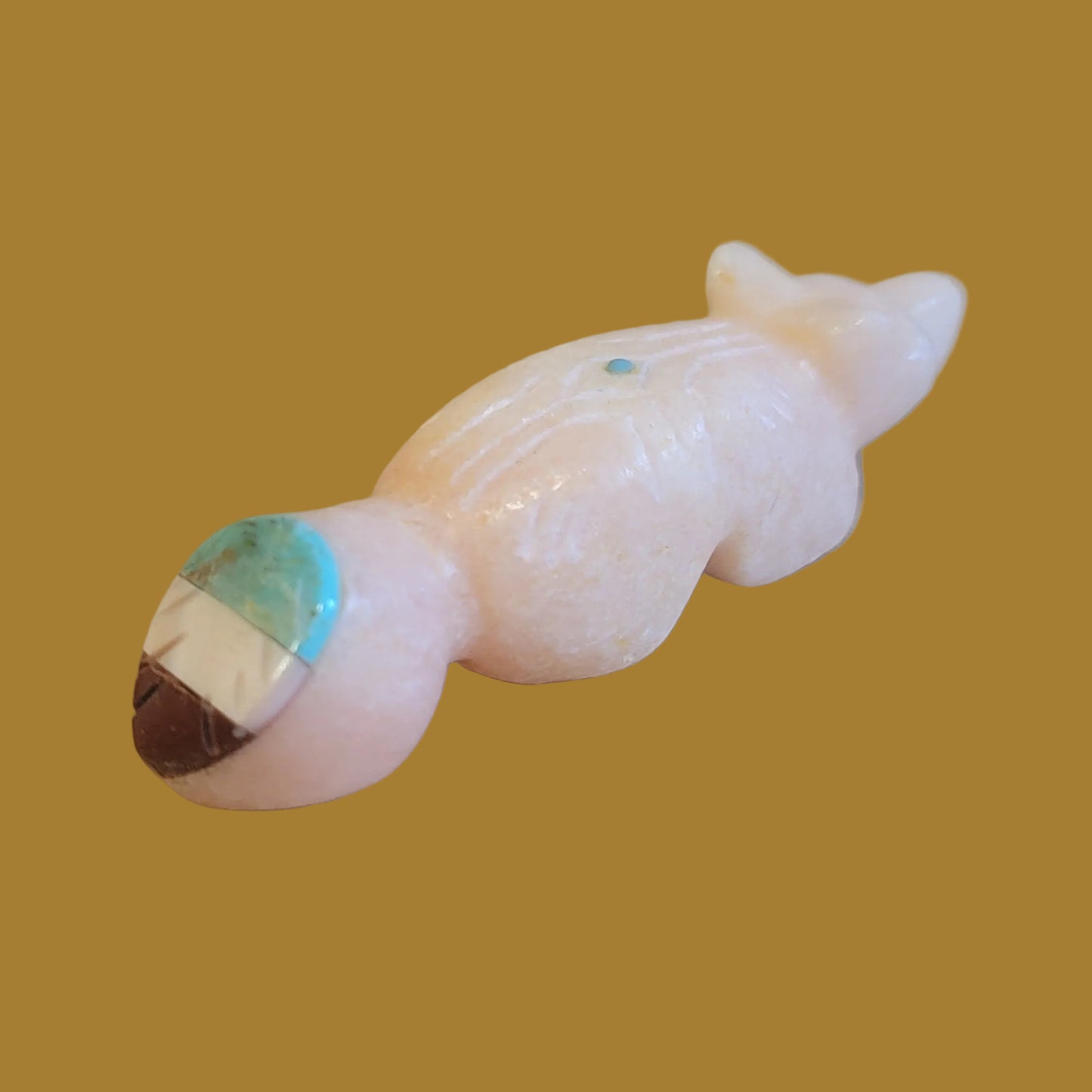 Peach Alabaster Fox w/ Inlaid Tail Zuni Fetish