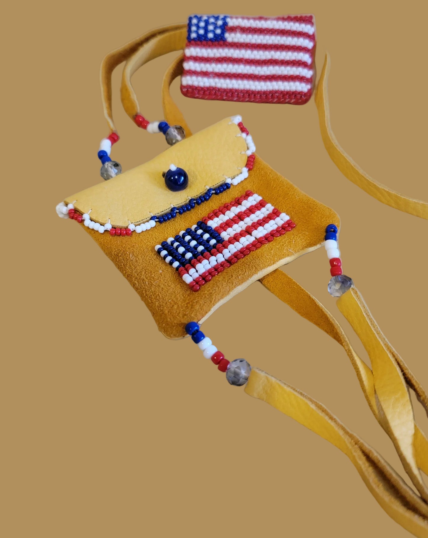 Beaded American Flag Pouch/Necklace with Matching Pin/Hatpin Indian Beadwork