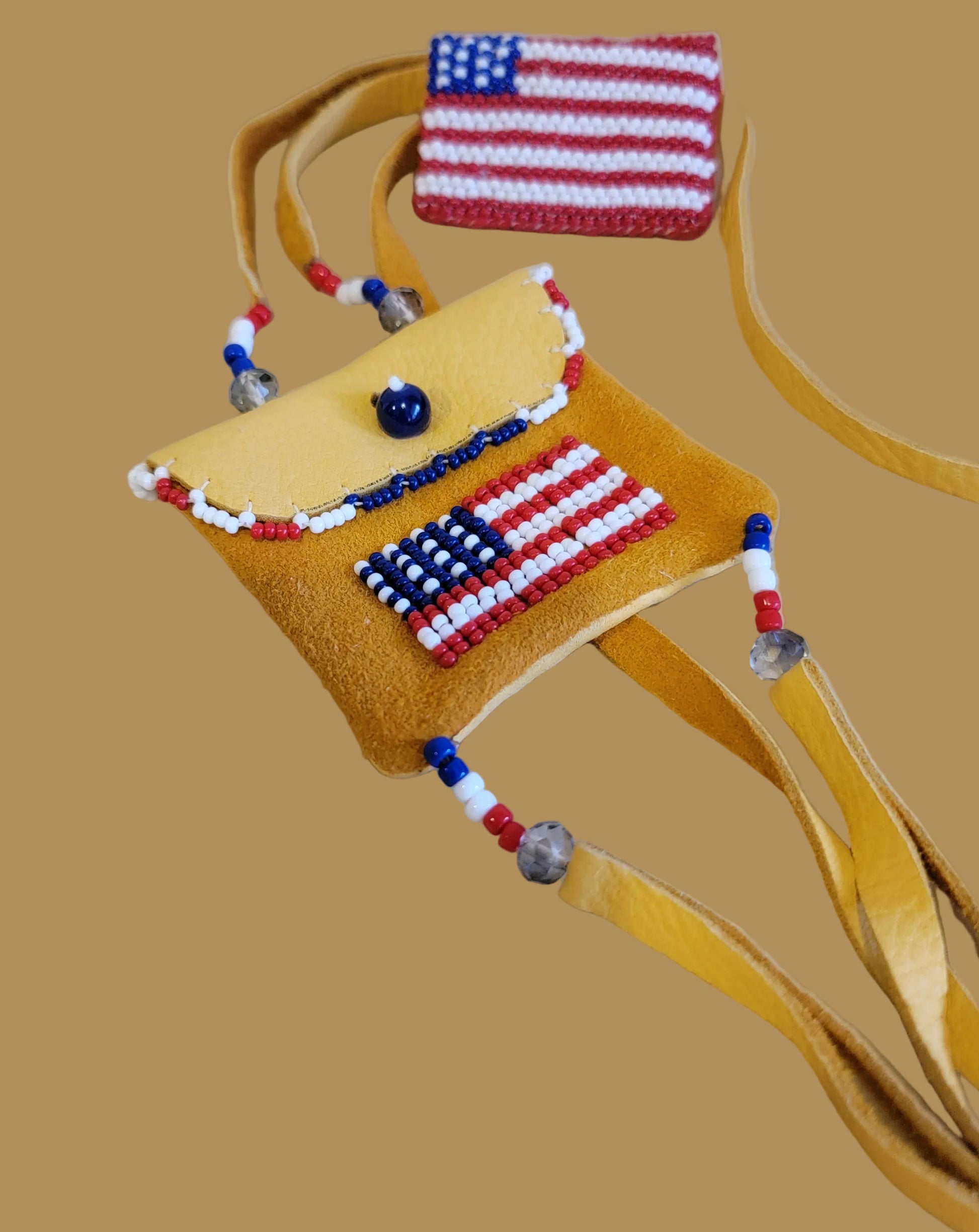 Beaded American Flag Pouch/Necklace with Matching Pin/Hatpin Indian Beadwork
