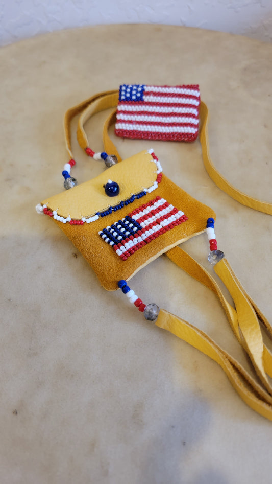 Beaded American Flag Pouch/Necklace with Matching Pin/Hatpin Indian Beadwork