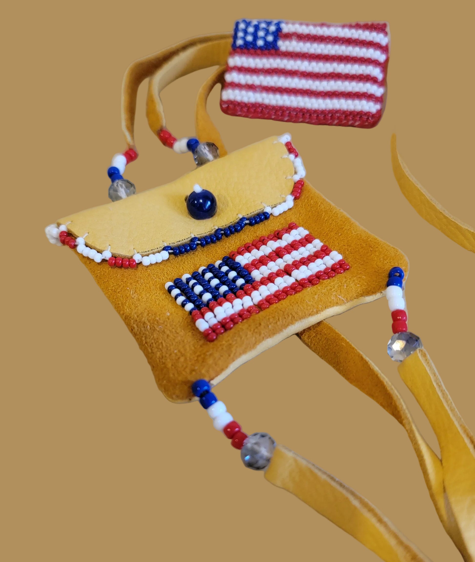 Beaded American Flag Pouch/Necklace with Matching Pin/Hatpin Indian Beadwork
