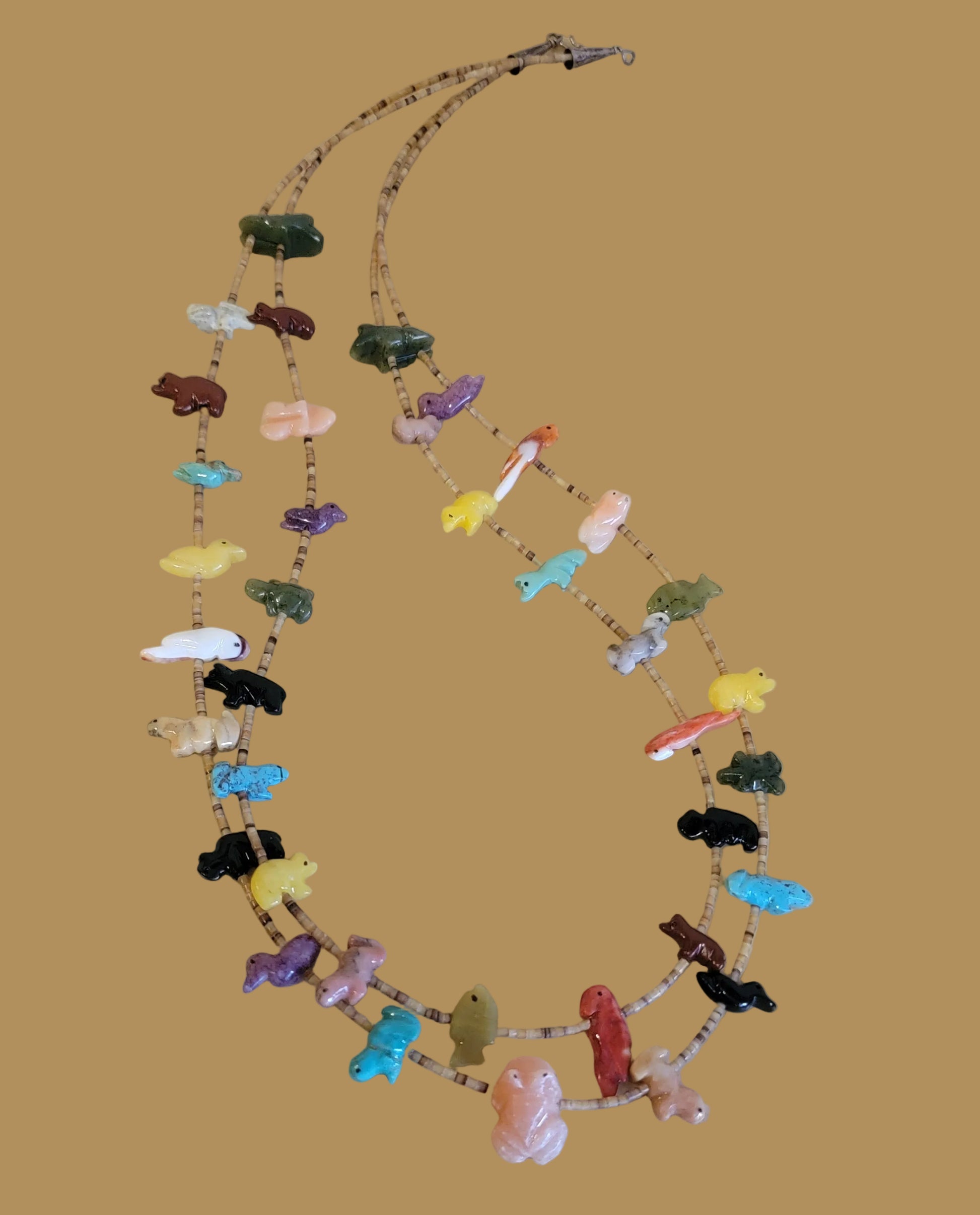 Double Strand Navajo Multi Stone and Shell Zuni Fetish Necklace