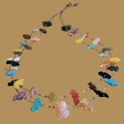 Double Strand Navajo Multi Stone and Shell Zuni Fetish Necklace