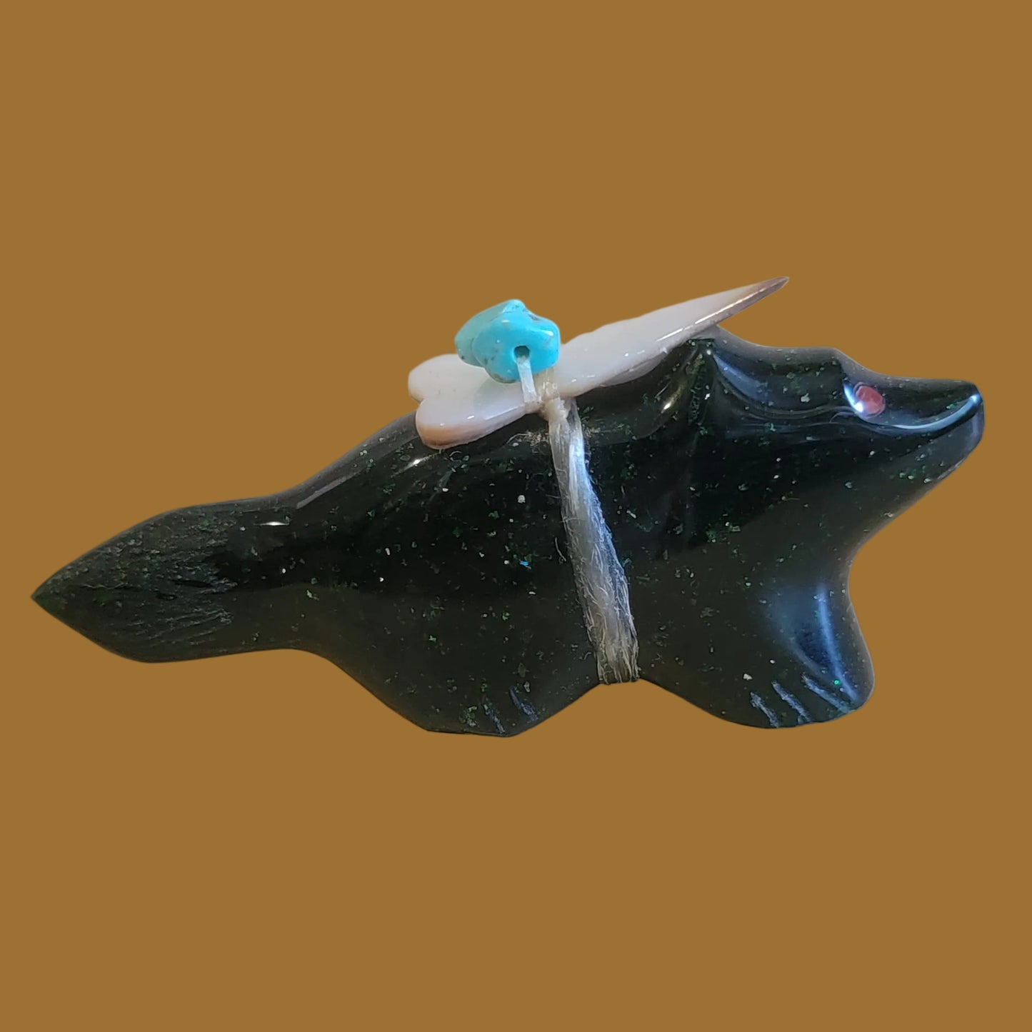 Deep Emerald Goldstone Zuni Fetish Wolf