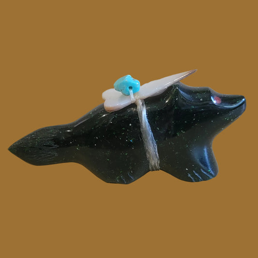 Deep Emerald Goldstone Zuni Fetish Wolf