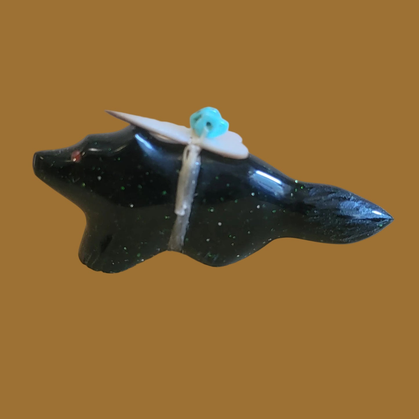 Deep Emerald Goldstone Zuni Fetish Wolf