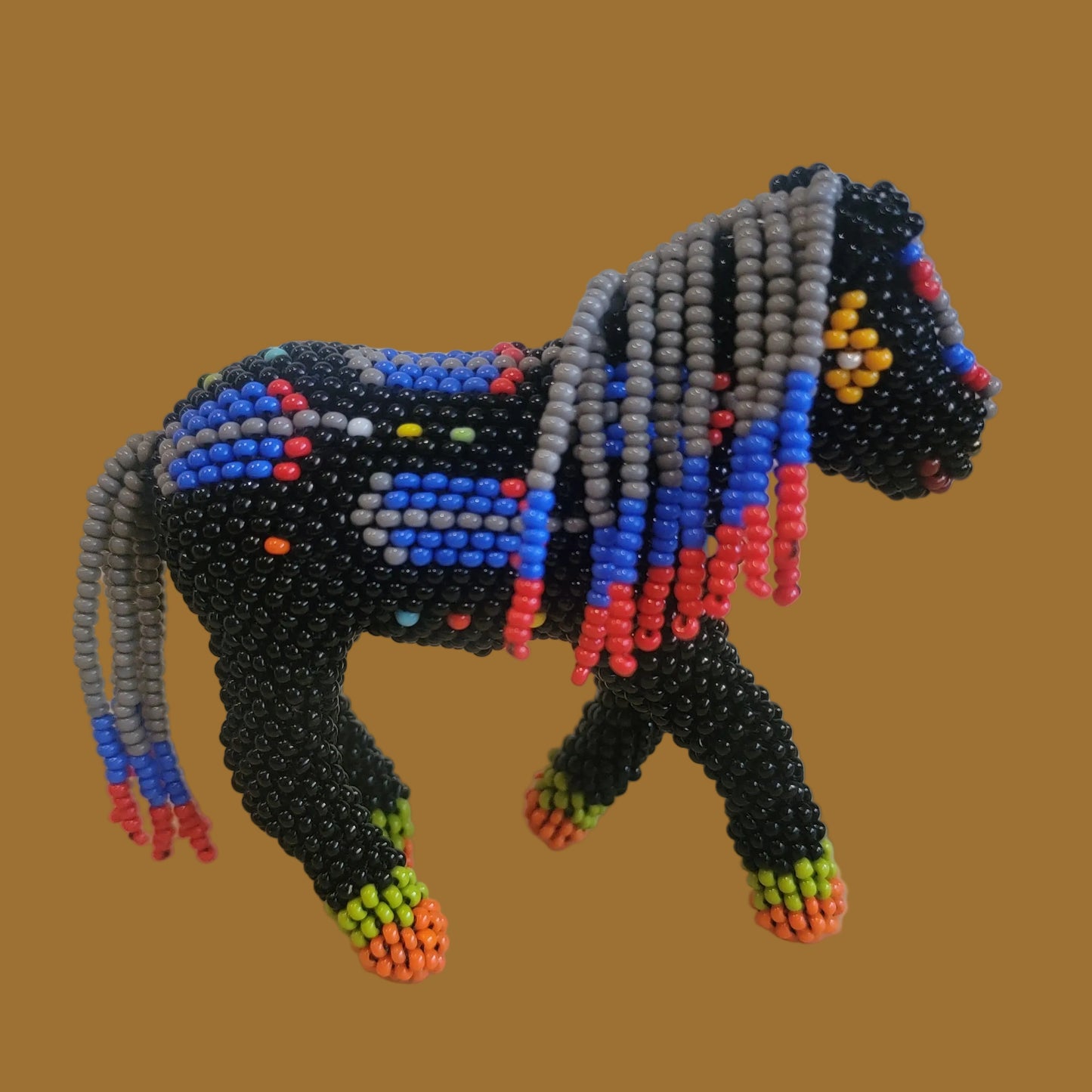 Zuni Pueblo Fully Beaded Horse w/Prayer Feather Pattern Indian Beadwork