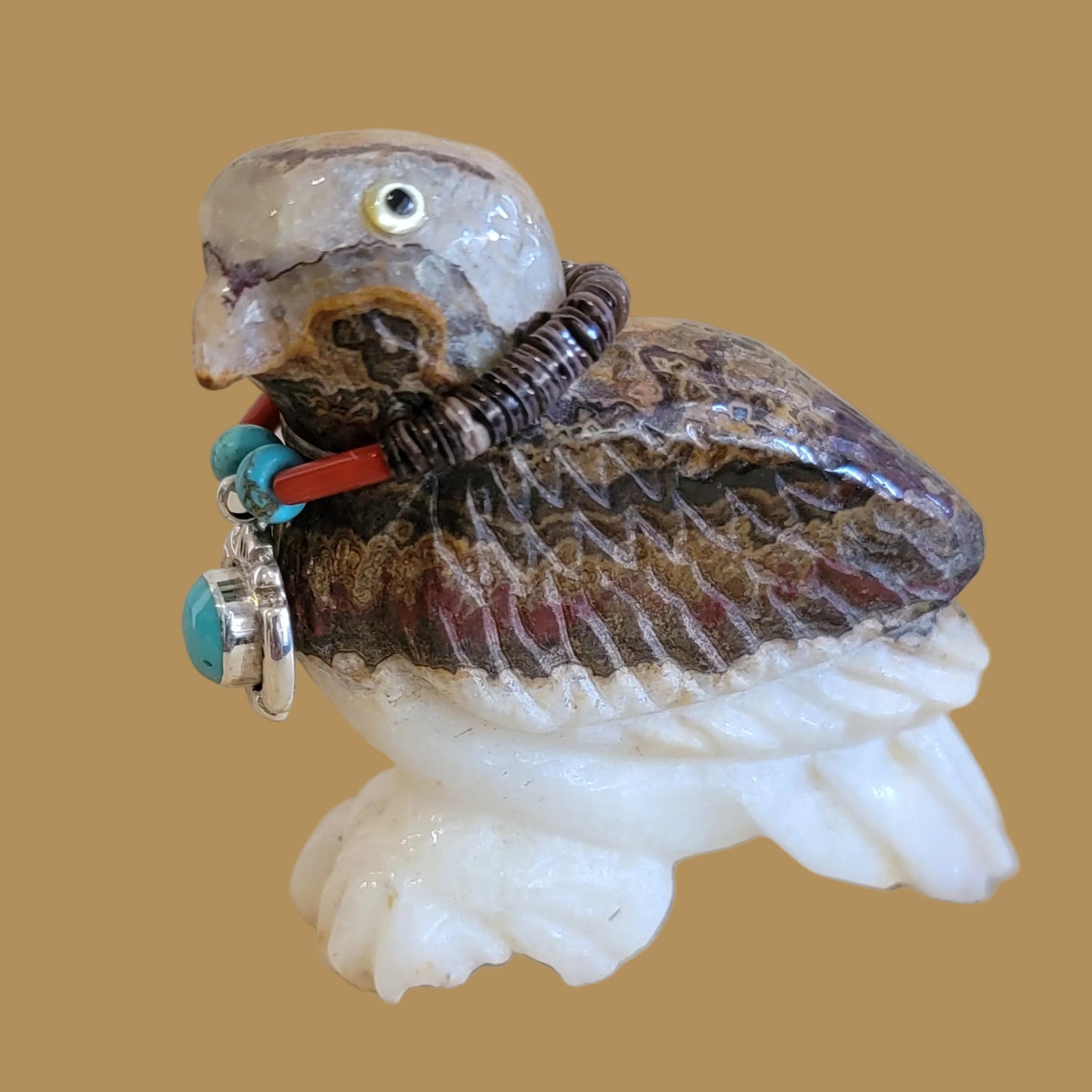 Onyx Hawk is Beautifully Adorned in Silver and Turquoise Zuni Fetish