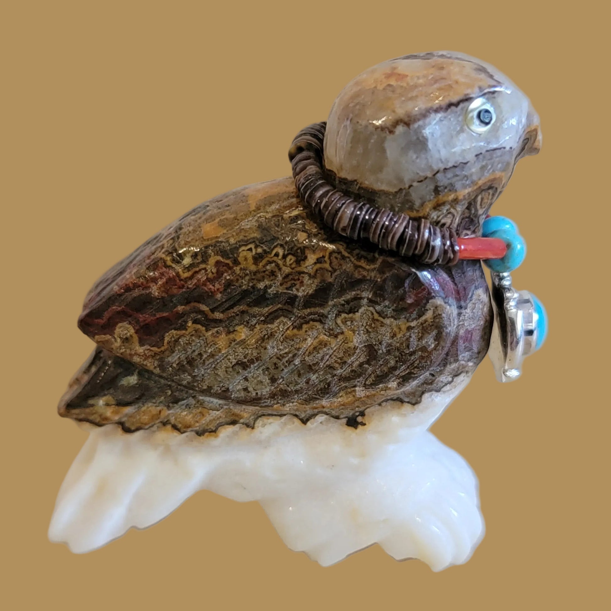 Onyx Hawk is Beautifully Adorned in Silver and Turquoise Zuni Fetish