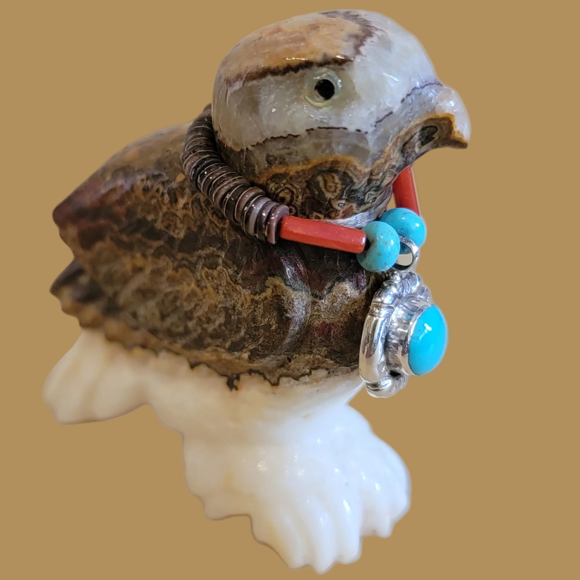 Onyx Hawk is Beautifully Adorned in Silver and Turquoise Zuni Fetish