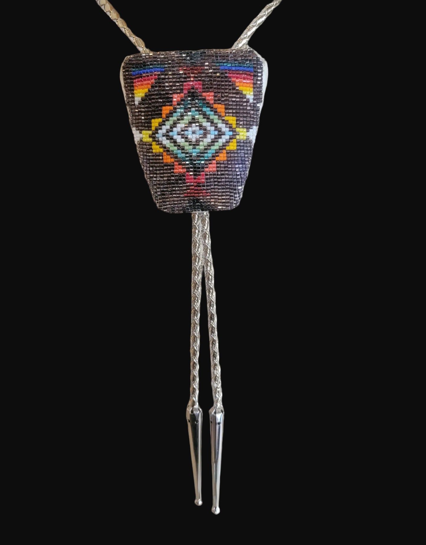 Beautiful Chevron Pattern Square Cut Beaded Bolo Tie Indian Beadwork