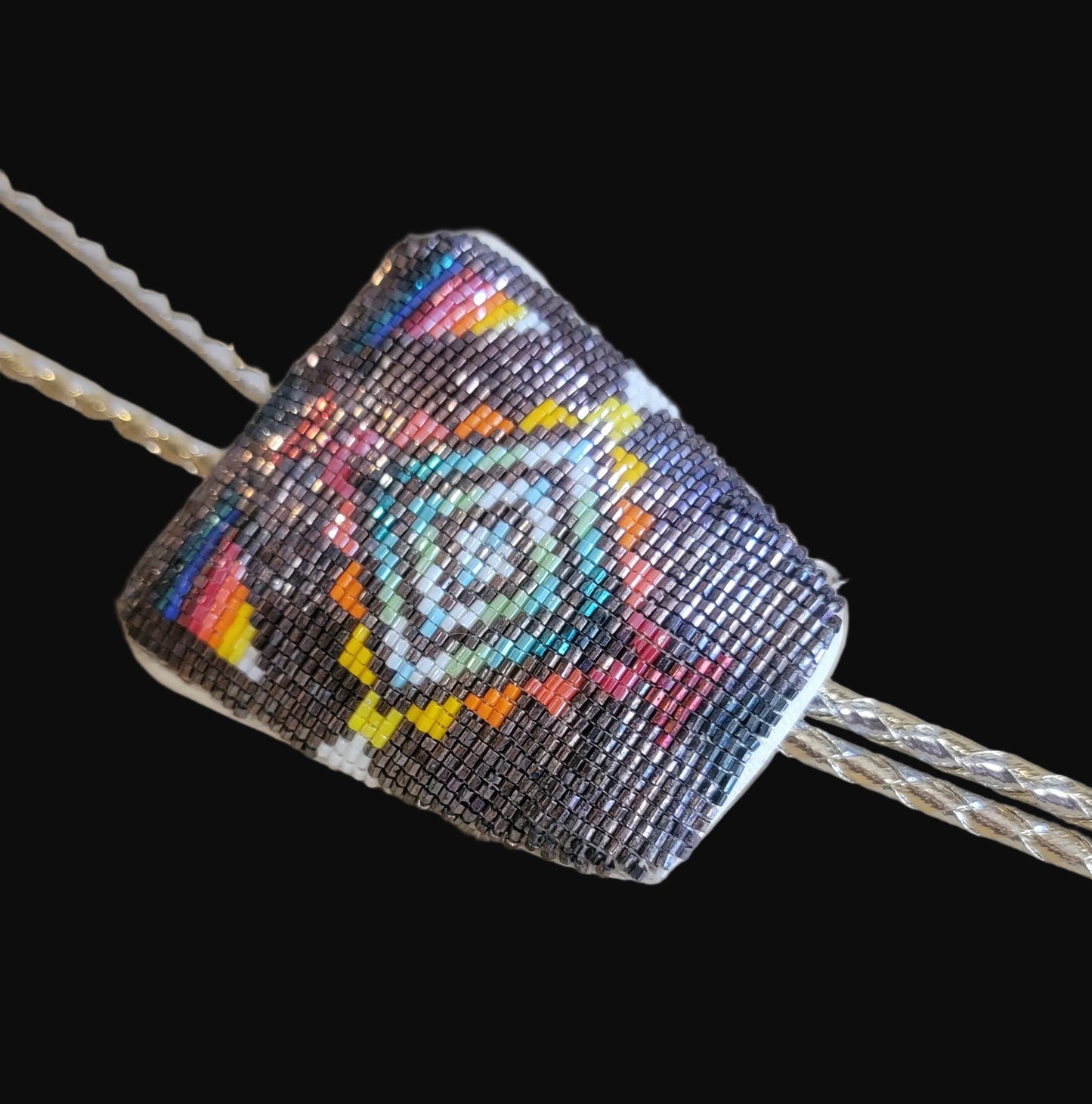 Beautiful Chevron Pattern Square Cut Beaded Bolo Tie Indian Beadwork