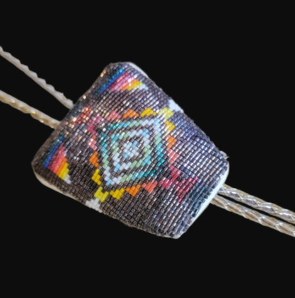 Beautiful Chevron Pattern Square Cut Beaded Bolo Tie Indian Beadwork