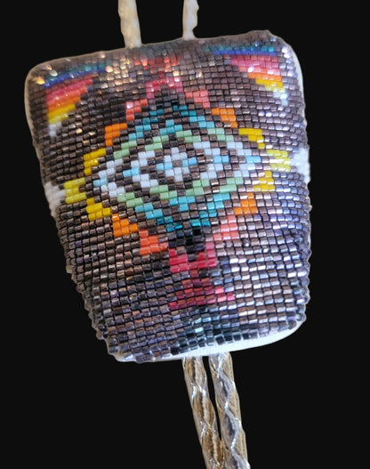 Beautiful Chevron Pattern Square Cut Beaded Bolo Tie Indian Beadwork