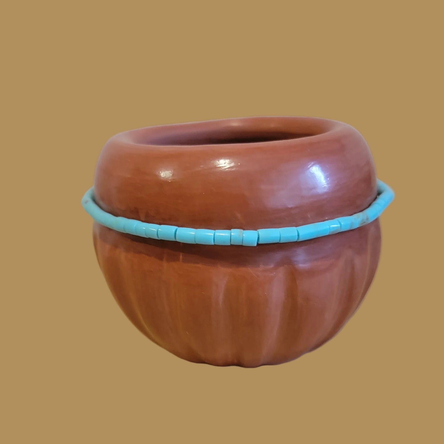 Santa Clara Redware w/ Turquoise Heishe Pueblo Pottery
