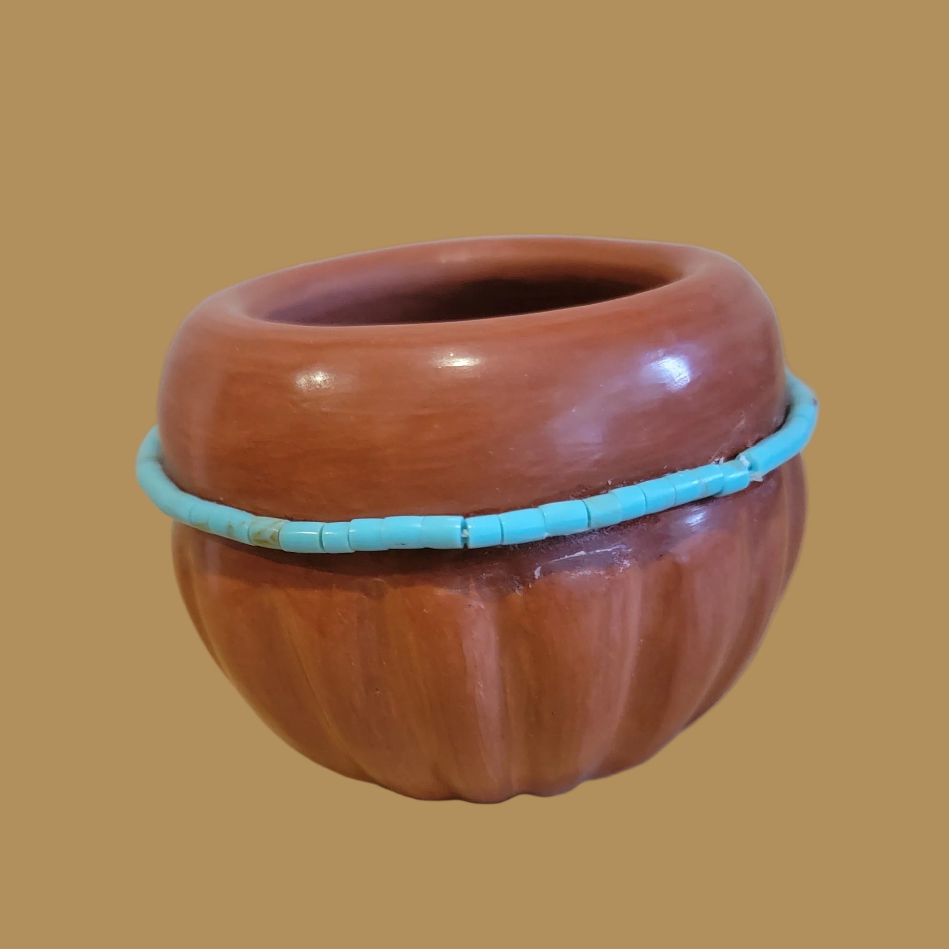 Santa Clara Redware w/ Turquoise Heishe Pueblo Pottery